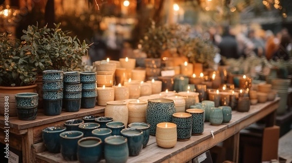 Fototapeta Illuminated Artisan Candles and Pottery at Twilight Market