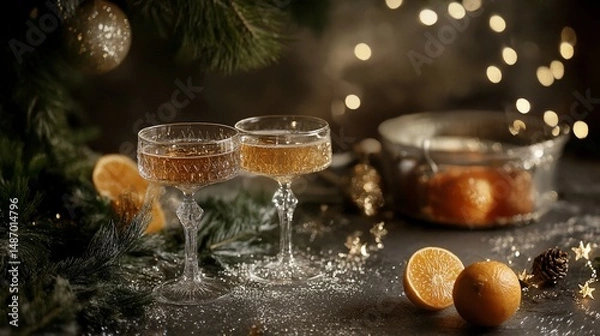 Fototapeta Festive Christmas toast with sparkling wine and fresh seasonal tangerines