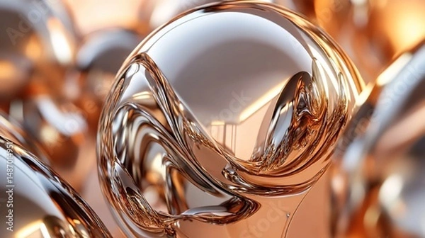 Fototapeta Abstract metallic spheres with swirling reflections and a warm, inviting glow