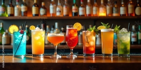 Obraz An assortment of colorful mixed drinks with ice and garnishes sits on a bar counter in front of a blurred background of liquor bottles.