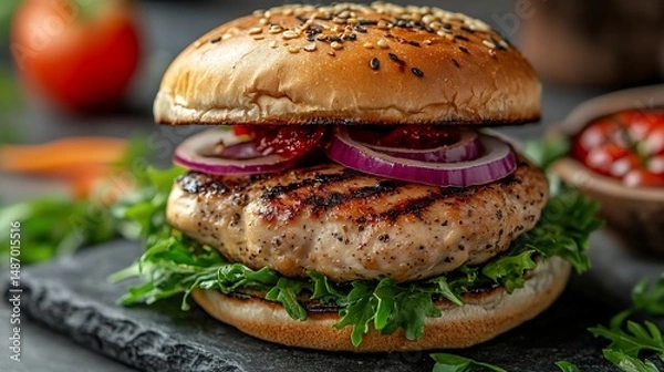 Fototapeta Appetizing chicken burger with fresh salad, red onions, and savory toppings
