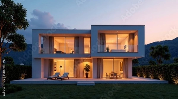 Obraz Modern Two-Story Residence Illuminated at Dusk, Featuring Open Floor Plan, Expansive Windows, and Tranquil Outdoor Patio