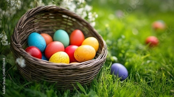 Fototapeta Colorful Easter Eggs in Rustic Basket Nestled in Spring Grass