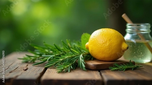 Obraz Rustic Still Life Featuring Zesty Lemon, Aromatic Rosemary, and Sweet Honey on Wooden Surface