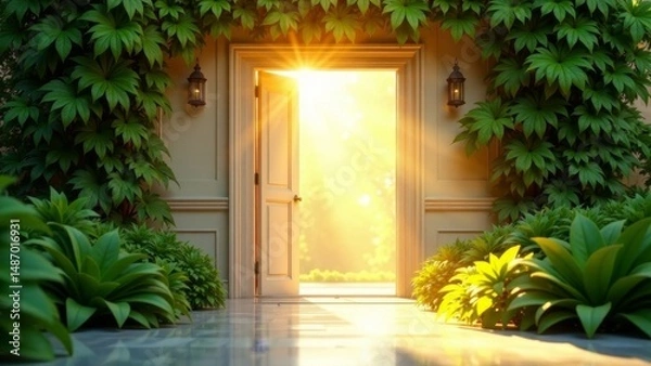 Obraz Golden sunlight streams through an open doorway, illuminating lush greenery and a tranquil garden path