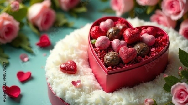Obraz Heart-Shaped Box Filled with Assorted Gourmet Chocolates Nestled in a Fluffy White Surround, Adorned with Delicate Pink Roses