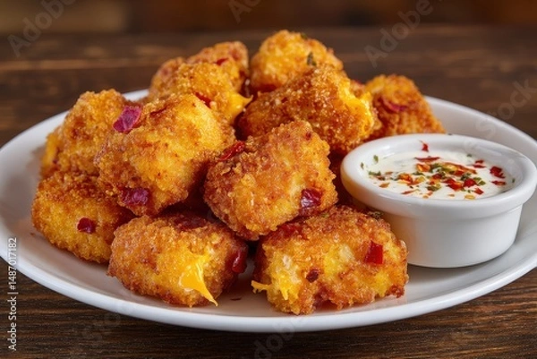 Obraz Crispy cheese bites with dip on plate.