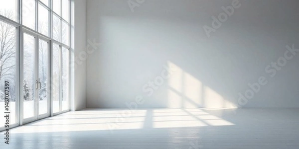 Obraz Empty Room with Large Windows Showing a Snowy Winter Scene and Sunlight Streaming In