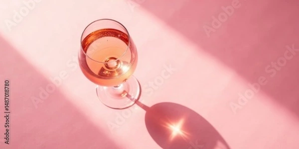Fototapeta A Glass of Sparkling Ros? Wine Casts a Sunlit Shadow on a Pink Background, Evocative of a Relaxed and Elegant Afternoon