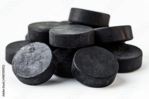 Obraz Pile of black, round, activated charcoal tablets on a white background. Use to illustrate detoxification, health, medicine, or poisoning treatment.
