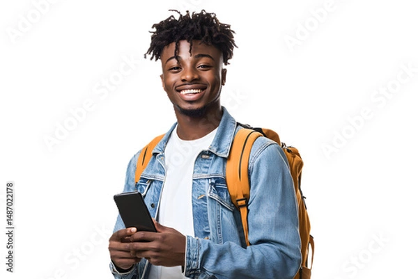 Obraz Smiling young African American college student holding smartphone with backpack, placed on white or transparent background