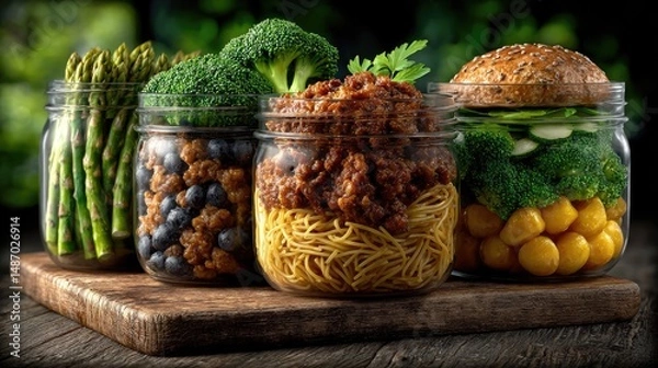 Obraz Fresh autumn vegetables like squash and pumpkin are artfully arranged in a glass jar, alongside a vibrant harvest basket of seasonal fruits