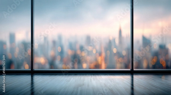 Fototapeta Modern Cityscape View from Office with Soft Depth Blur and Vibrant Horizon Lights at Dawn
