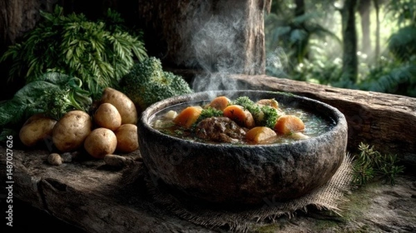 Obraz Fresh, healthy vegetables and mushrooms in a basket ready for cooking a delicious meal