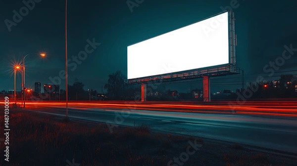 Fototapeta Night view of a roadside billboard lit up, with PNG Transparent Cutout for ad content and personalized branding.