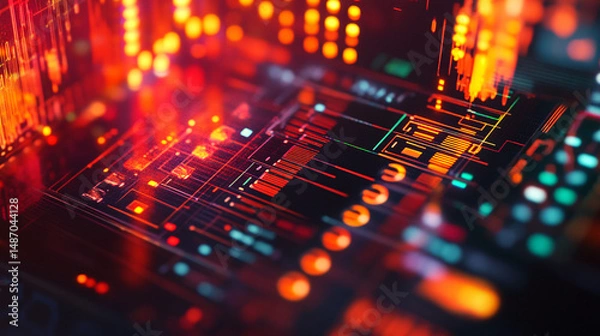 Obraz Abstract Futuristic Technology Interface with Glowing Red and Orange Digital Data Streams
