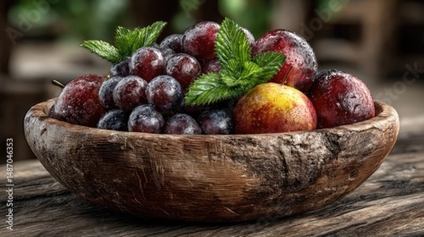 Obraz Fresh, ripe fruits like red grapes and juicy plums in a bowl and basket offer a healthy and sweet dessert