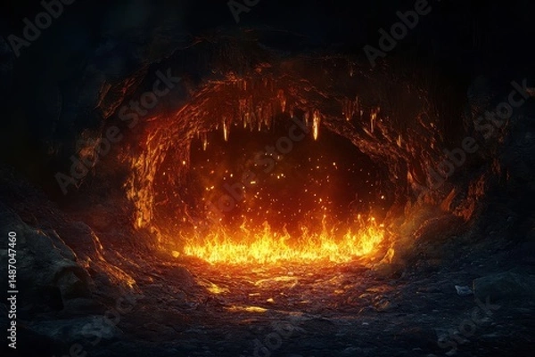 Fototapeta A dark, rocky cave illuminated by intense flames and glowing embers inside. Illustrates themes of danger, hell, fantasy, or apocalyptic scenarios.