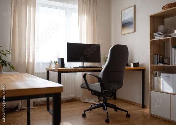 Fototapeta Minimalist home office setup with a modern desk and chair.