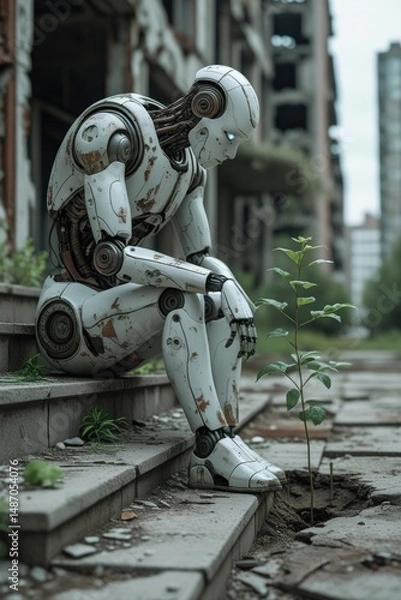 Fototapeta Lonely Robot in a Post-Apocalyptic Cityscape

