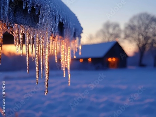 Fototapeta Icicles forming delicate spirals along the edges of a wooden pergola glowing softly under the crescent moon, Generative AI