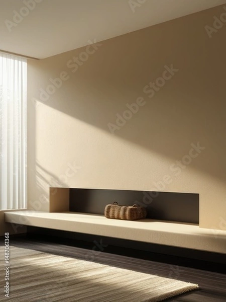 Fototapeta Empty living space with woven basket on bench and soft light casting shadows on blank beige wall