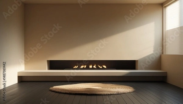 Fototapeta Empty modern minimalist room with fireplace, woven rug, and blank beige wall in warm natural light