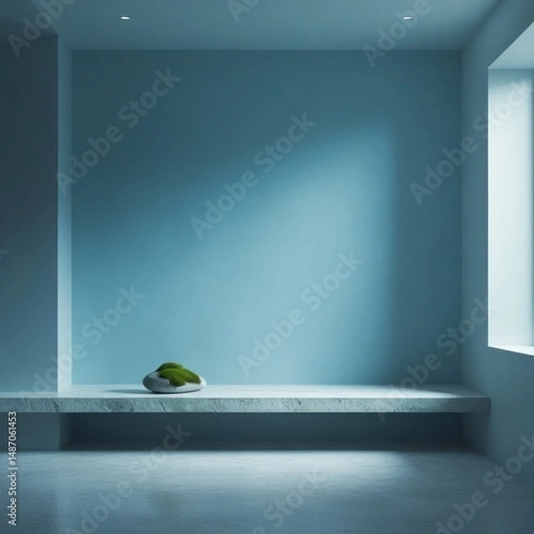 Fototapeta Empty minimalist meditative room with stone bench, moss rock decor, and blank blue wall under soft lighting