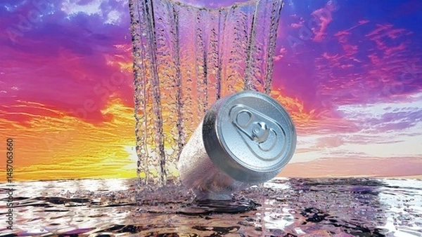 Obraz 滝のように弾ける水と銀色の缶が描く清涼感の3Dイラスト