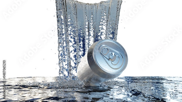 Obraz 滝のように弾ける水と銀色の缶が描く清涼感の3Dイラスト