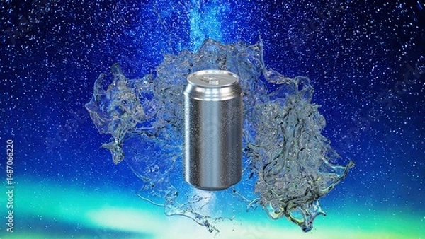 Obraz アルミ缶と弾ける水しぶきと星空の3Dイラスト