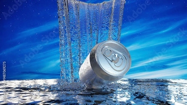 Obraz 滝のように弾ける水と銀色の缶が描く清涼感の3Dイラスト