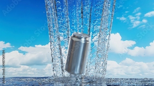 Obraz 滝のように弾ける水と銀色の缶が描く清涼感の3Dイラスト