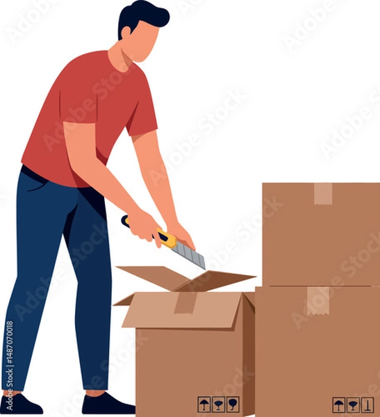 Fototapeta Man Opening Cardboard Boxes Using Cutter Knife in Moving or Packing Activity VECTOR Illustration 