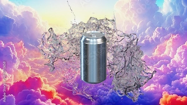 Obraz アルミ缶と弾ける水しぶきと雲の3Dイラスト