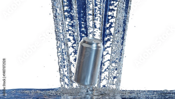 Obraz 滝のように弾ける水と銀色の缶が描く清涼感の3Dイラスト