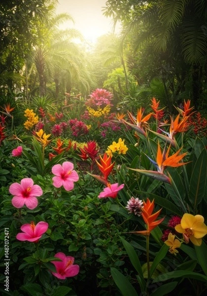 Obraz Vibrant Tropical Garden with Blooming Hibiscus and Bird of Paradise Flowers