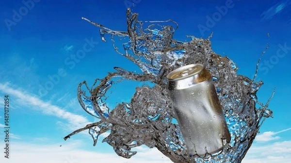 Obraz アルミ缶と弾ける水しぶきと青空の3Dイラスト