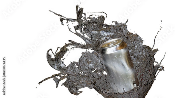 Obraz アルミ缶と弾ける水しぶきの3Dイラスト