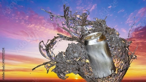 Obraz アルミ缶と弾ける水しぶきと朝日（夕日）の3Dイラスト