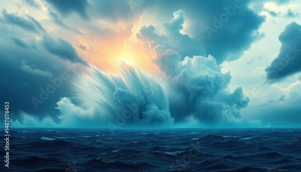 Obraz Dramatic Ocean Storm Clouds with Sunlight, Energy Burst