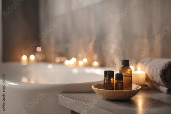 Fototapeta Modern bathroom with warm lighting steaming bathtub candles and essential oils capturing a tranquil self care ritual during the emotional depths of winter
