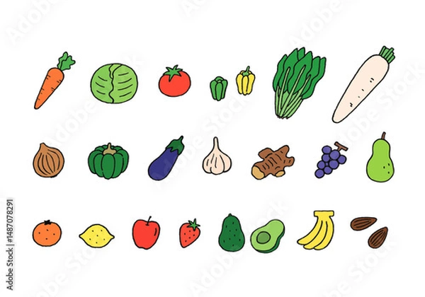 Obraz ビタミンを含む主な食べ物の手描きイラストセット