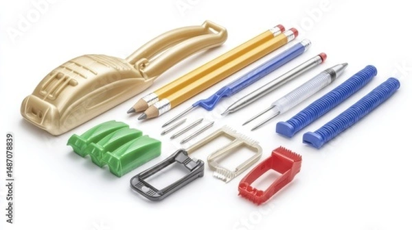 Fototapeta Plastic school equipment isolated on white background. Generative AI