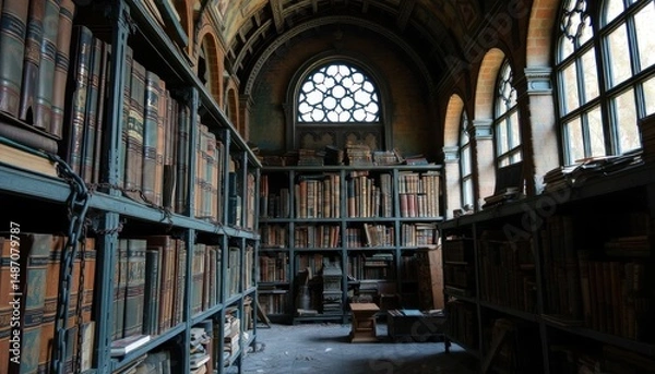 Obraz Grand library interior: old books, arch window, knowledge