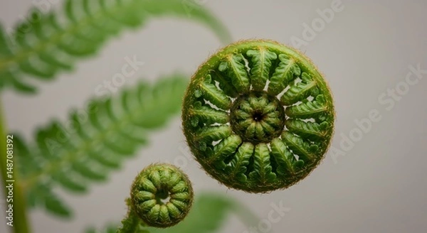 Fototapeta Macro Image of Spiraling Green Fern Fronds with Detailed Texture Against a Soft Background