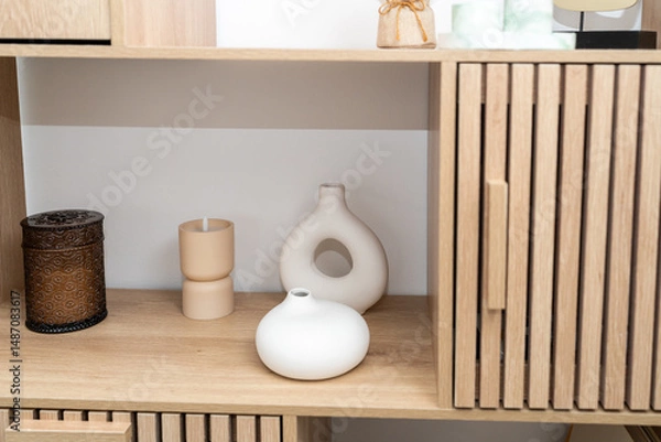 Obraz A stylish arrangement features ceramic vases and decorative candle holders. The warm wooden shelf highlights the minimalist design, enhancing the cozy atmosphere of the room.
