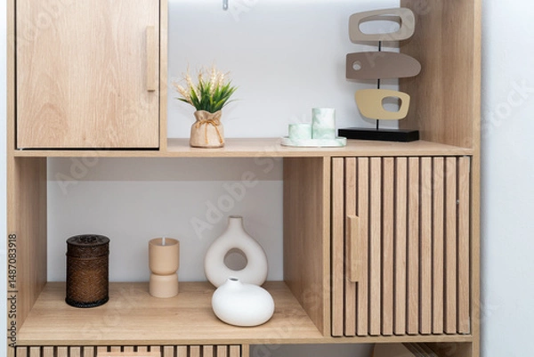 Obraz A wooden shelf showcases a collection of decorative items, including vases and a candle, set against a minimalist wall. This cozy arrangement enhances modern interior decor.