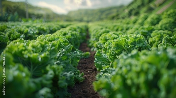 Obraz Rows of lettuce and kale under soft sky