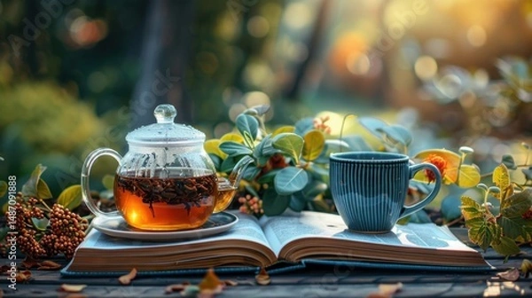 Obraz Tea pot and mug on open book in garden